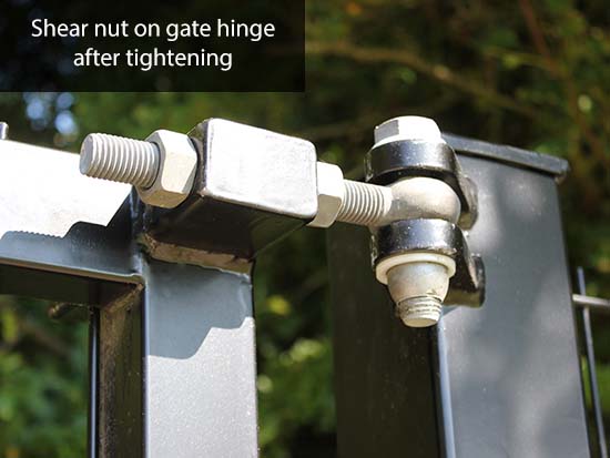 Security shear nut on gate