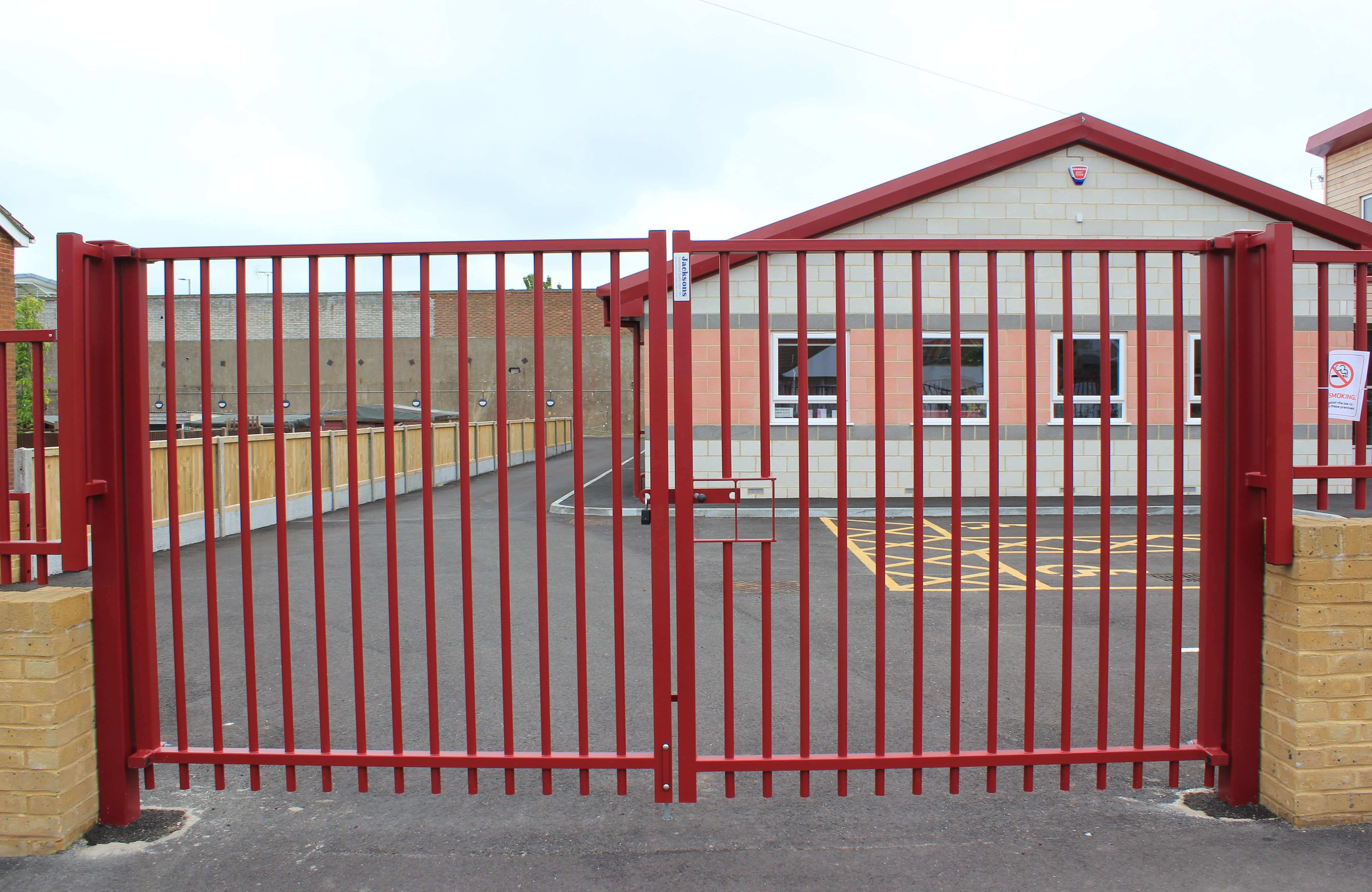 Sentry Vertical Bar Double Swing Security Gate in Maroon