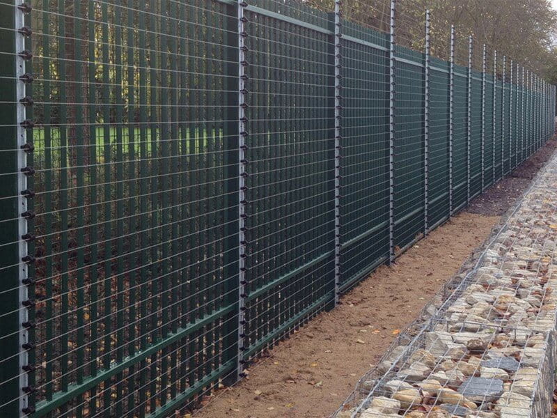 Barbican with welded mesh and electric fencing