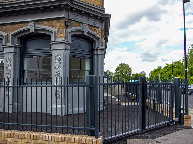 Grey steel automated gate