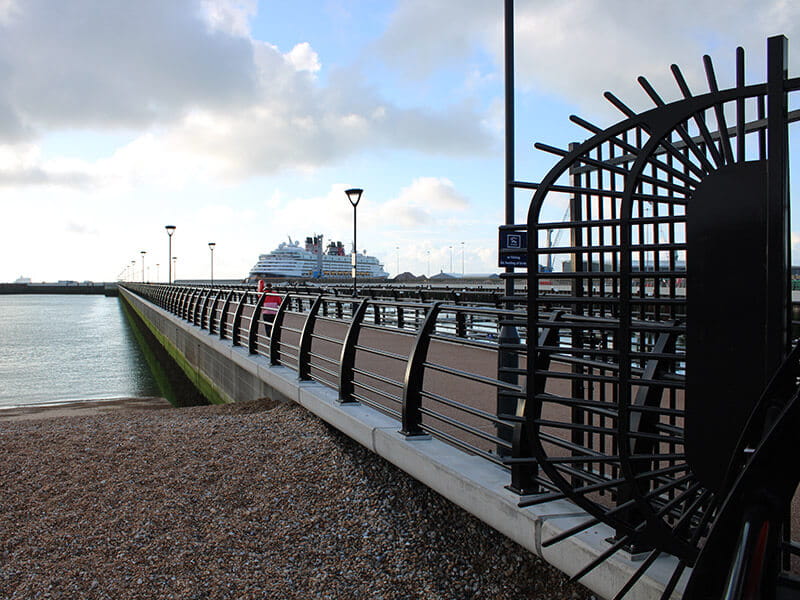 Black Barbican® fencing fan panels at Dover pier