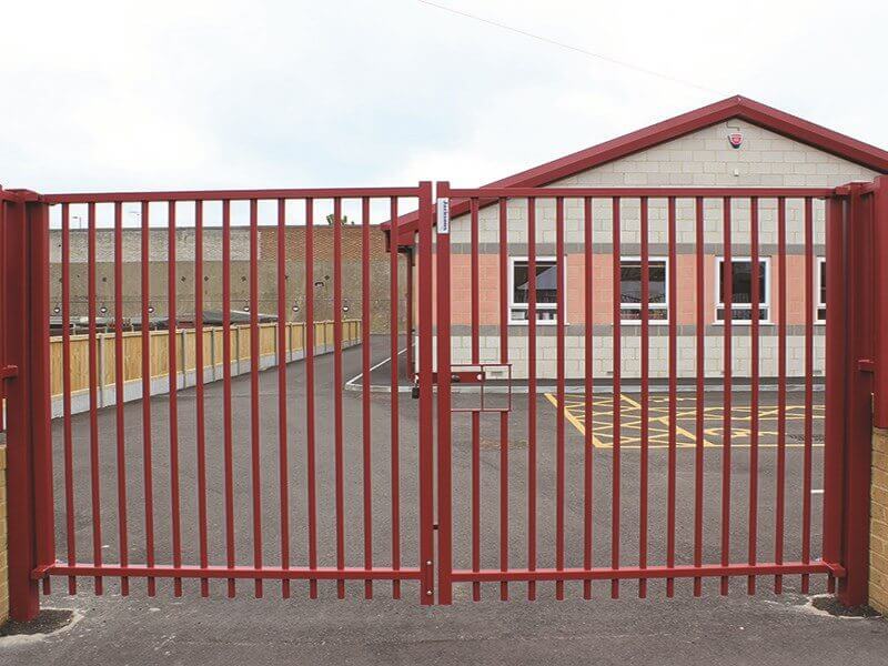 Sentry Vertical Bar Double Swing Security Gate in Maroon1