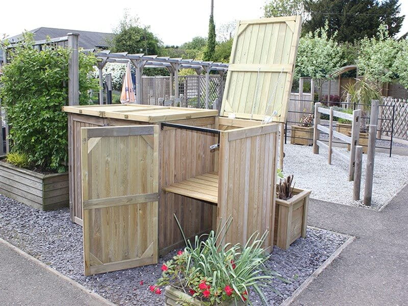 Triple timber bin store with shelf
